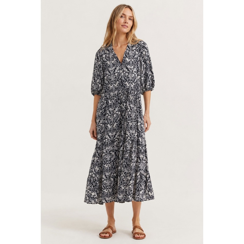 Jude Connally Navy White Rabbit Print Tiered Maxi Dress V-Neck Puff Sleeve M